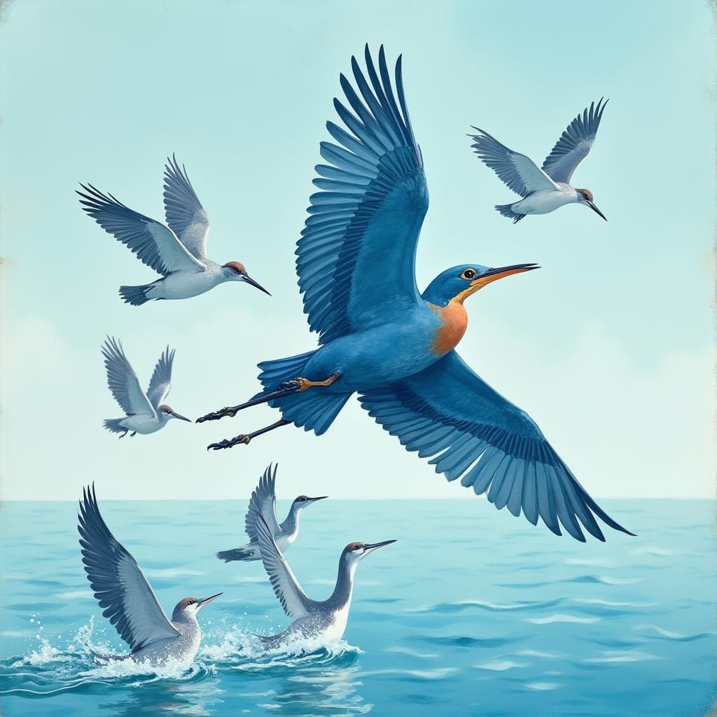 Blue Bird Family in Flight, Geometric Illustration
