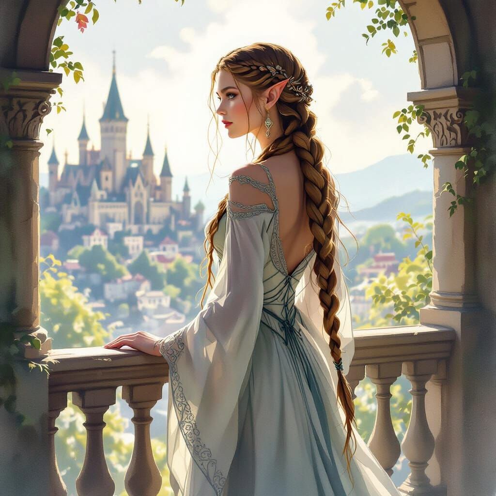 Elven Queen Surveys Kingdom in Watercolor Style