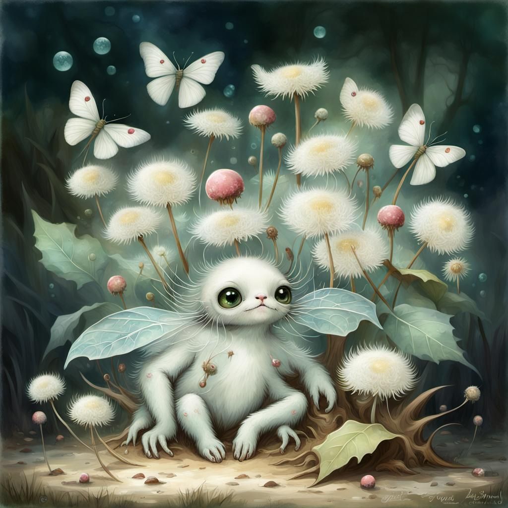 Cute Fantasy Creature in Enchanted Forest, Digital Art