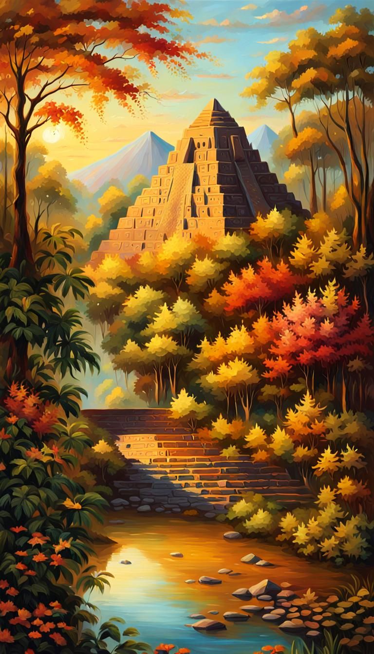 Amazonian Pyramid in Evening Light, Oil Painting