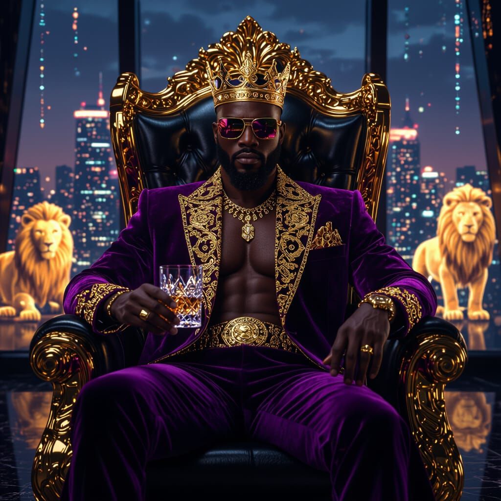 African King in Cyberpunk Cityscape, Digital Art