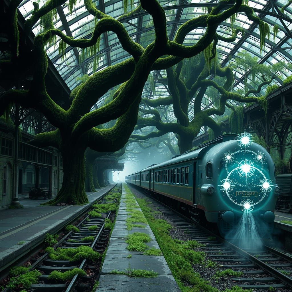 Victorian Station Reclaimed by Nature with Spectral Train