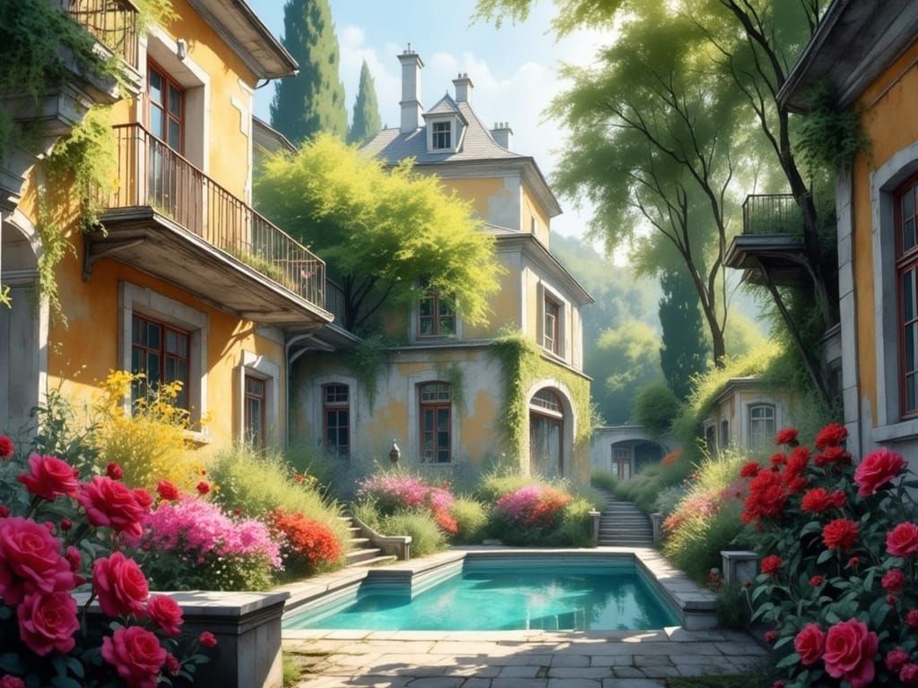 Vibrant Courtyard Garden in Hyper-Realistic Style