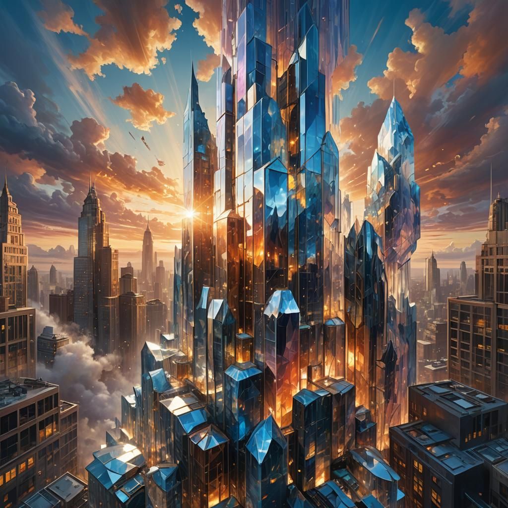 Crystal Skyscraper in Sunset Hues: Fantasy Architecture