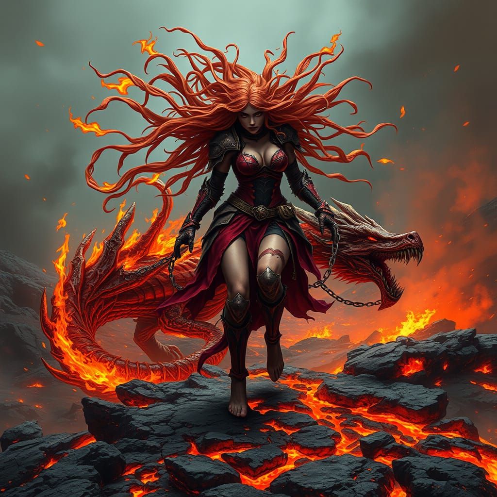 Crimson Enchantress Striding Across Molten Terrain
