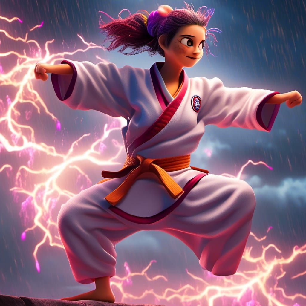 Furry Karate Girl in Thunderstorm, 3D Digital Art