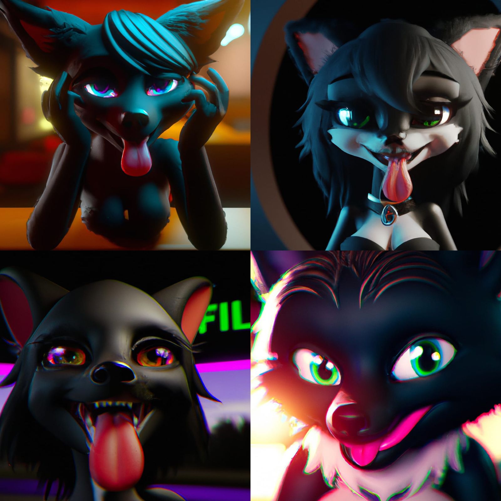 Cute Black Fox Fursona in a Dark Room, 3D Render