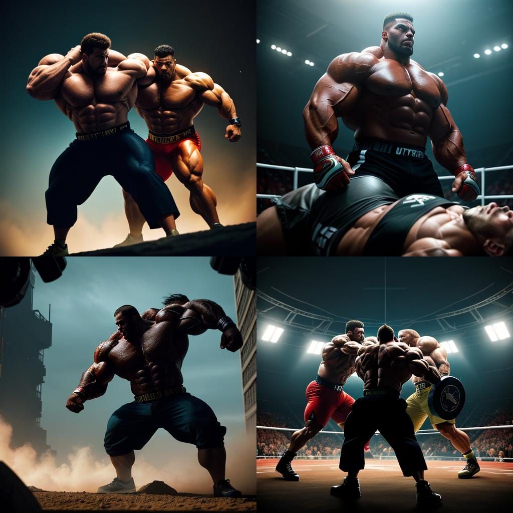 Epic Bodybuilder Battle: Cinematic Film Still