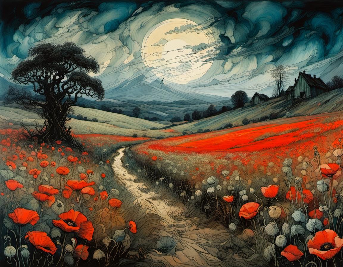 Stormy Poppy Field: Detailed Golden Age Illustration