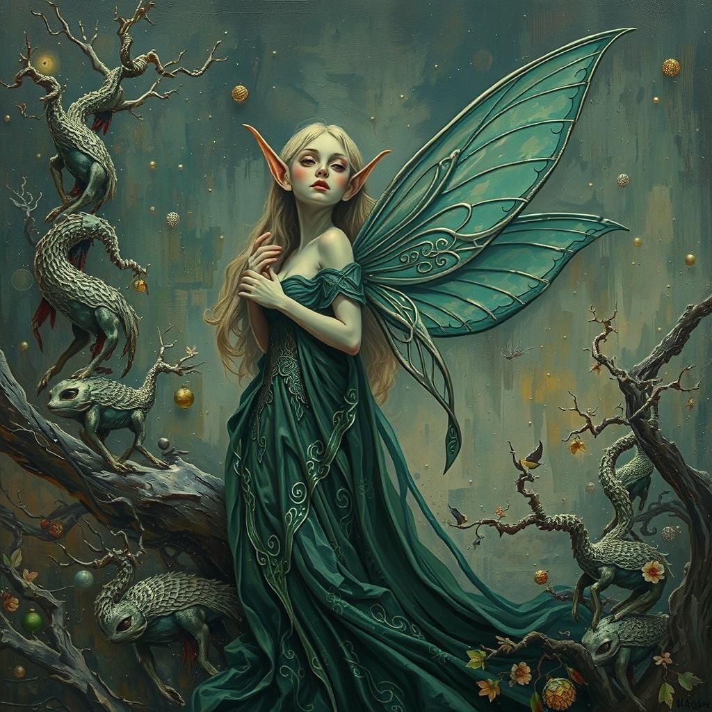 Surreal Silver Fairy Elf in Winter Landscape