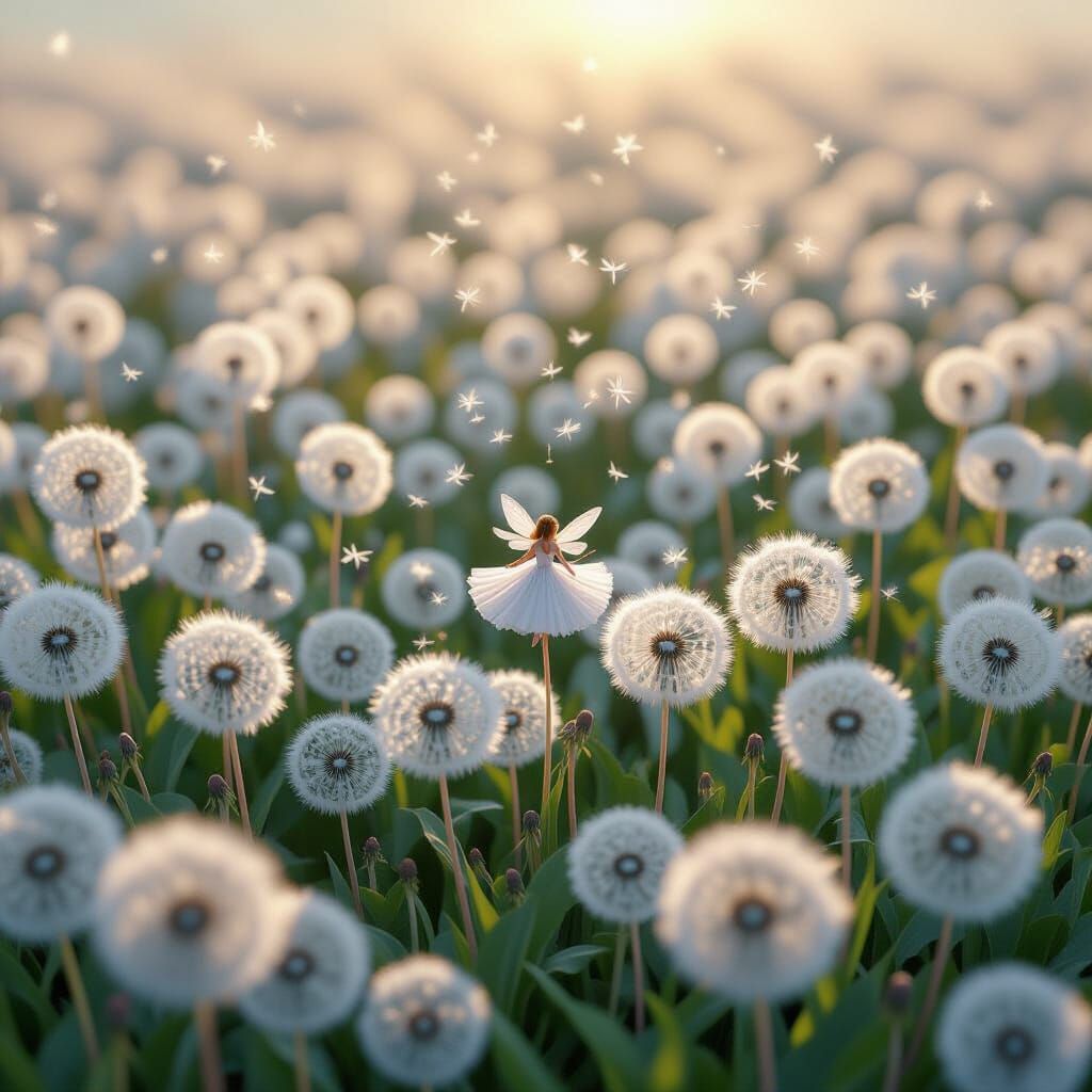 Dandelion Sea with Dancing Fairies in Volumetric Lighting