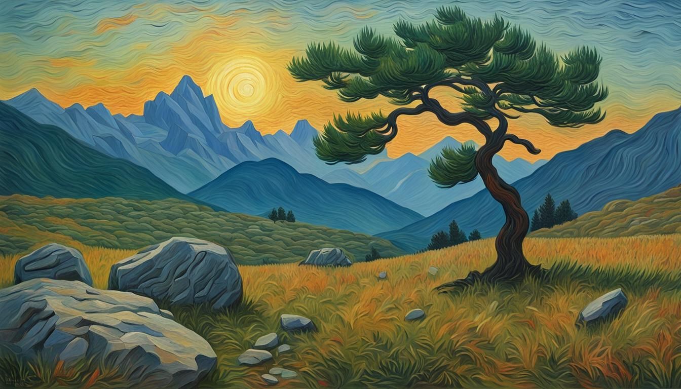 Dawn Meadow Landscape in Post-Impressionist Style