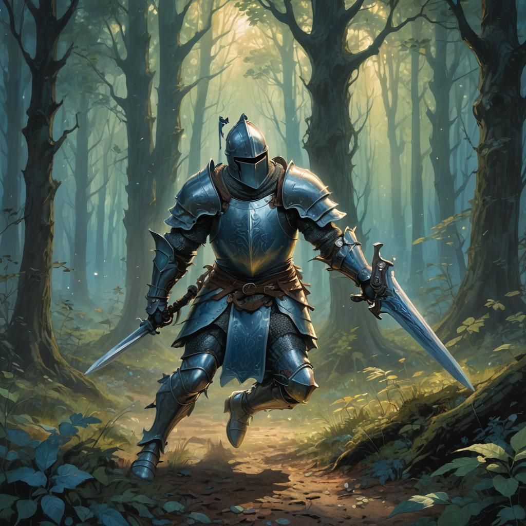 Knight Escaping Through Enchanted Forest, Fantasy Illustrati...