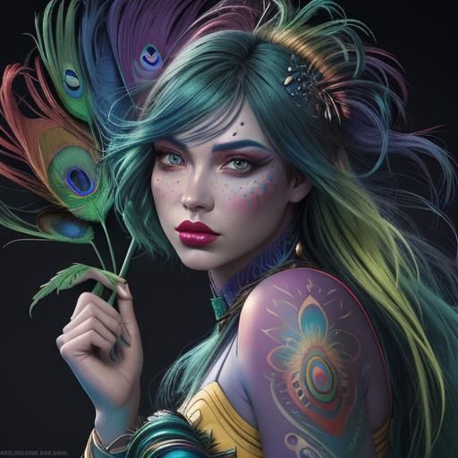 Rainbow Woman Portrait with Peacock Feathers in Fauvism Styl...