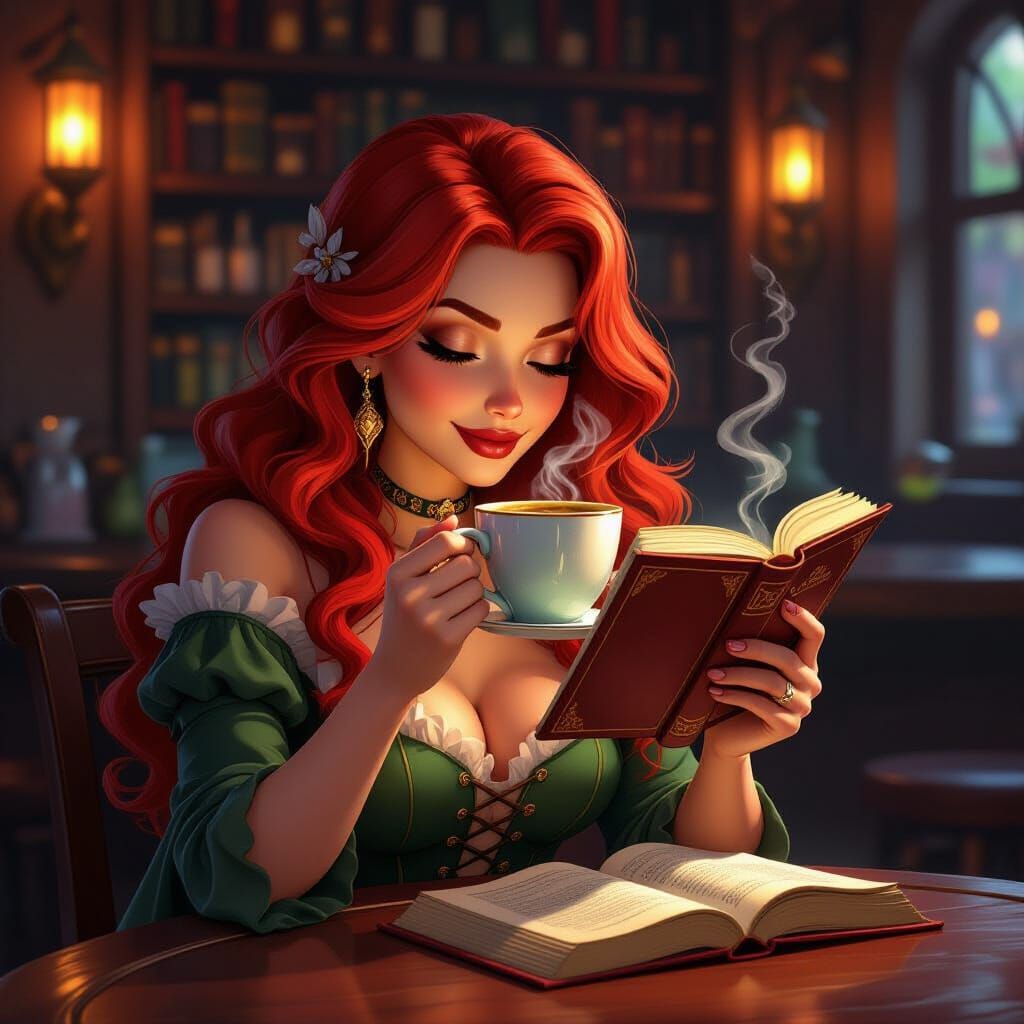 Redhead at Cozy Bar in Comic Book Style