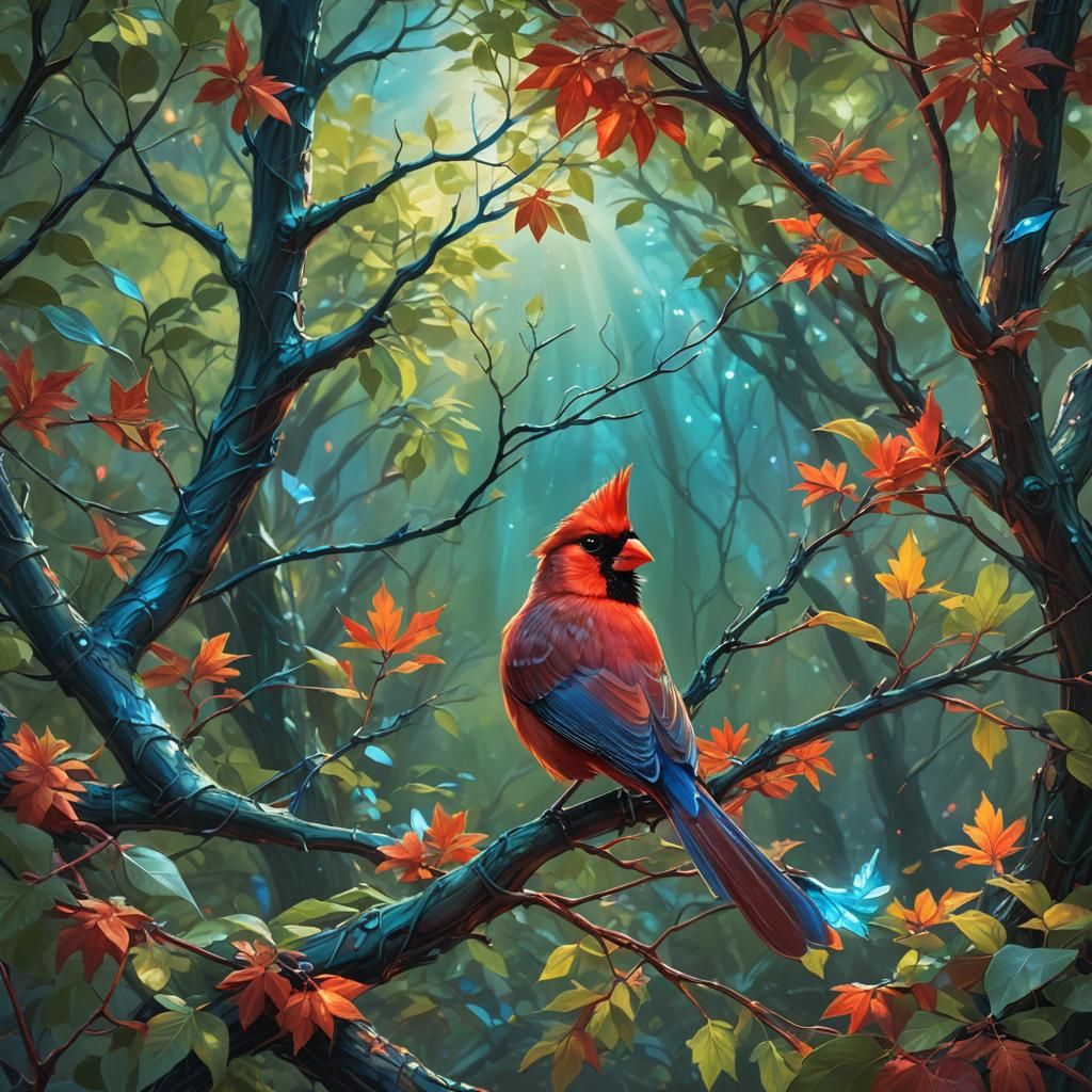 Fantasy Cardinal on Glowing Branch in Rutkowski Style