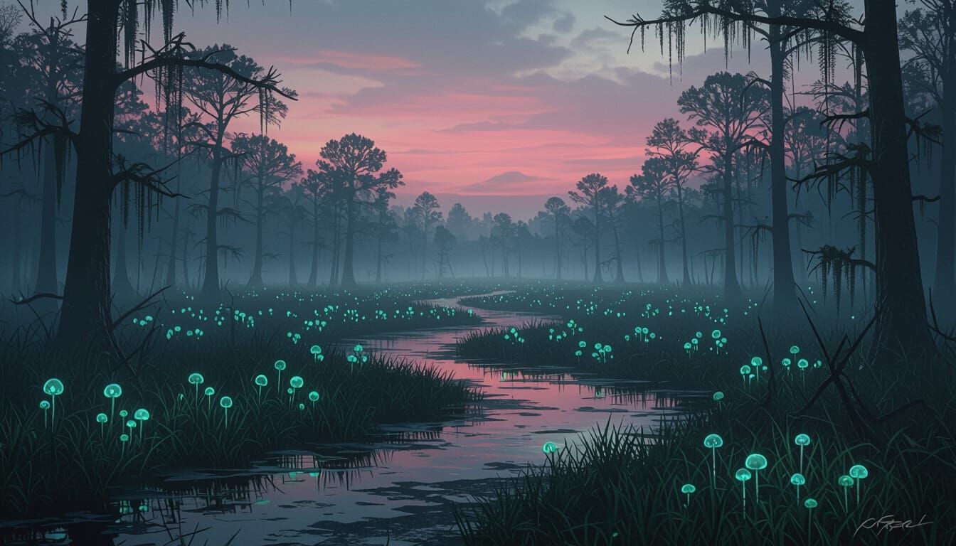 Ethereal Swamp at Dusk Digital Matte Painting