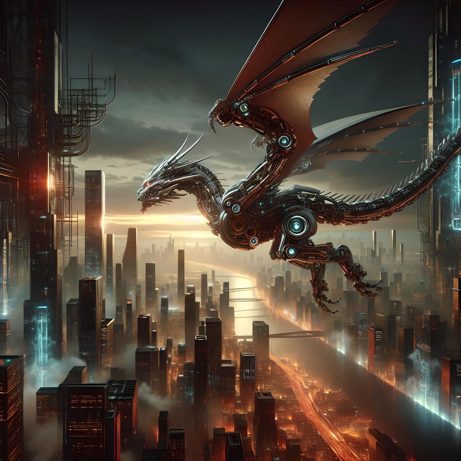 Mechanized Dragon Soaring Over Futuristic City in 8K