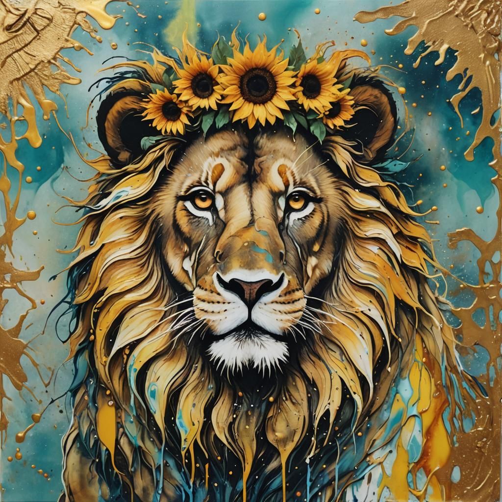Acrylic Pour: Lion in Sunflower Crown