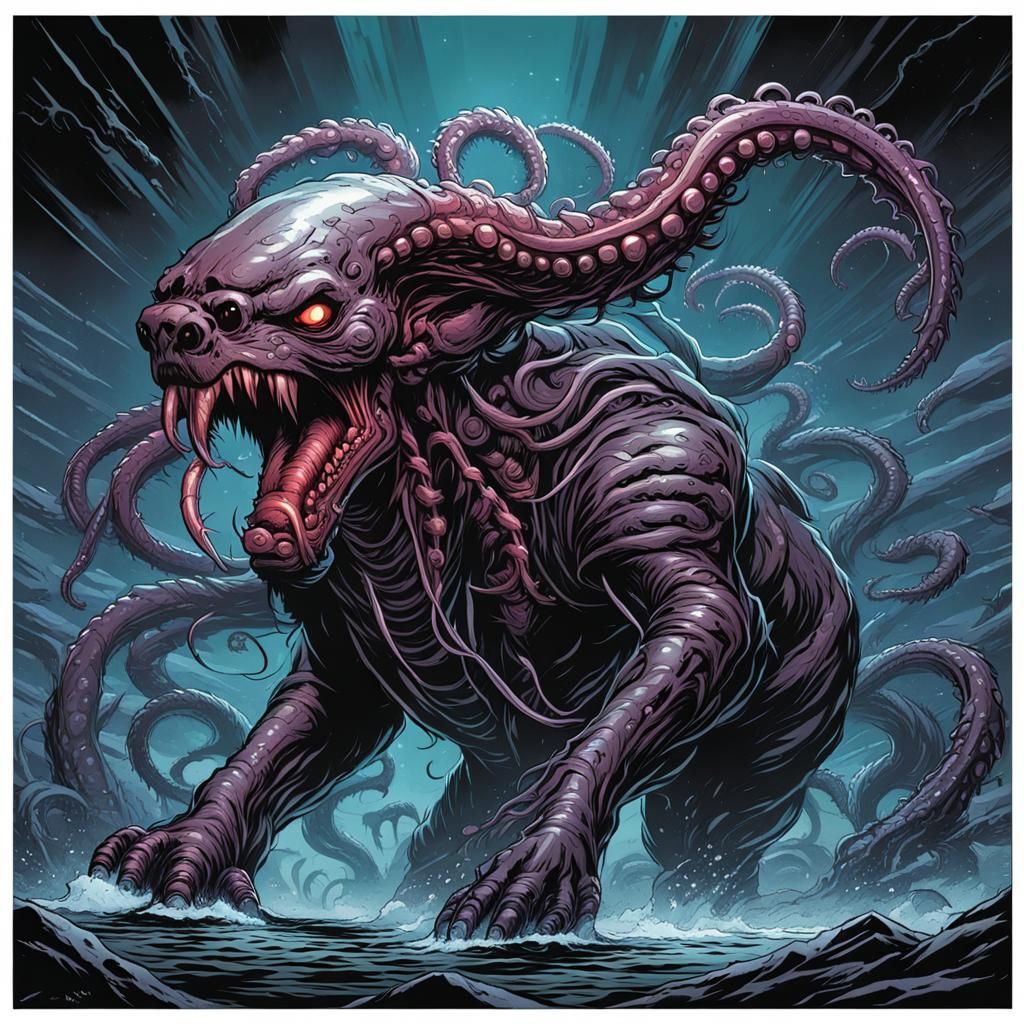 Menacing Dog with Alien Tentacles in Comic Book Art