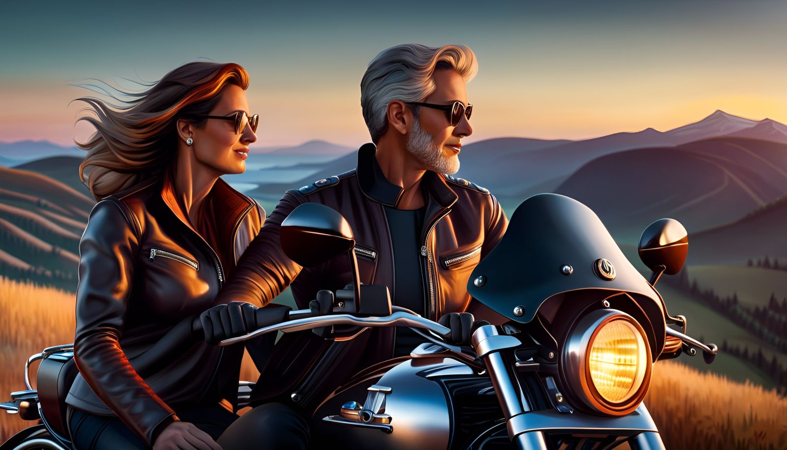 Happy Caucasian motorcycle husband and wife couple in their forties on the Highway To The Sun - 3055