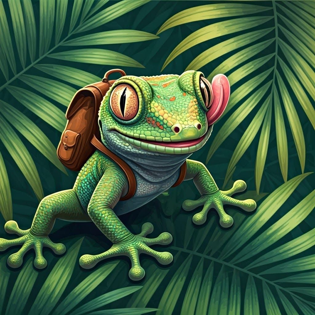 Smiling Gecko Licking Eye in Beatrix Potter Style