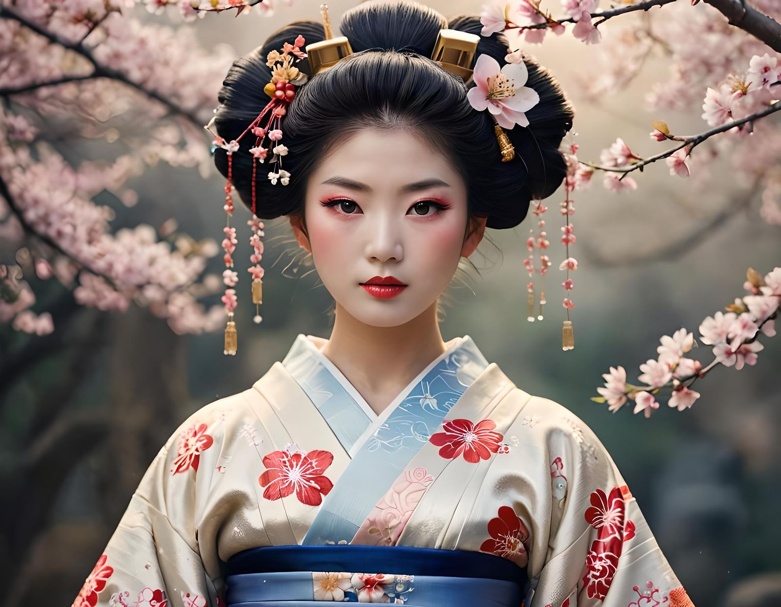 Traditional Japanese Geisha with Cherry Blossoms