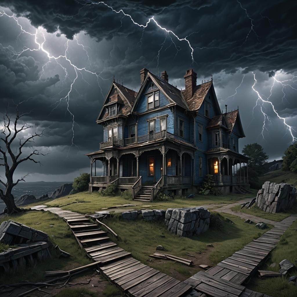 Photorealistic Haunted House with Stormy Sky