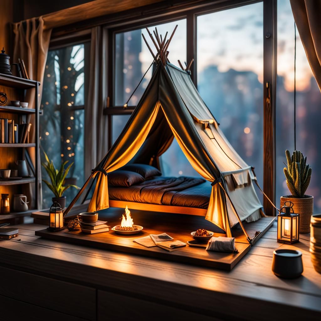 Hyperrealistic Miniature Tent on Windowshelf Concept Art