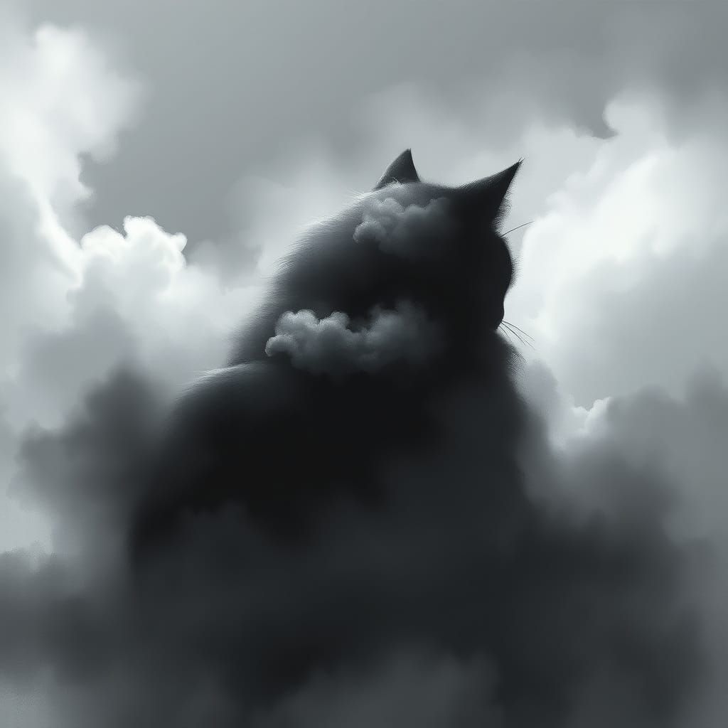 Fluffy Cat Silhouette in Smoky Clouds