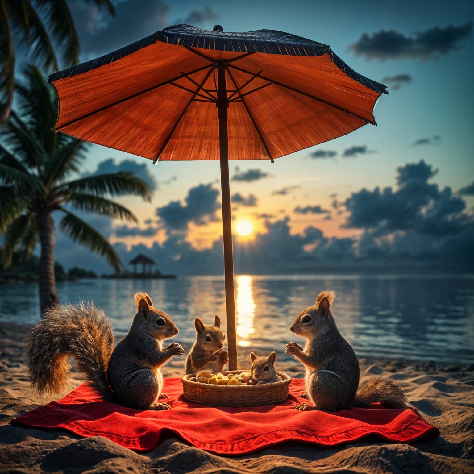 Surreal Tropical Sunset Picnic Scene in Hyperrealistic 3D