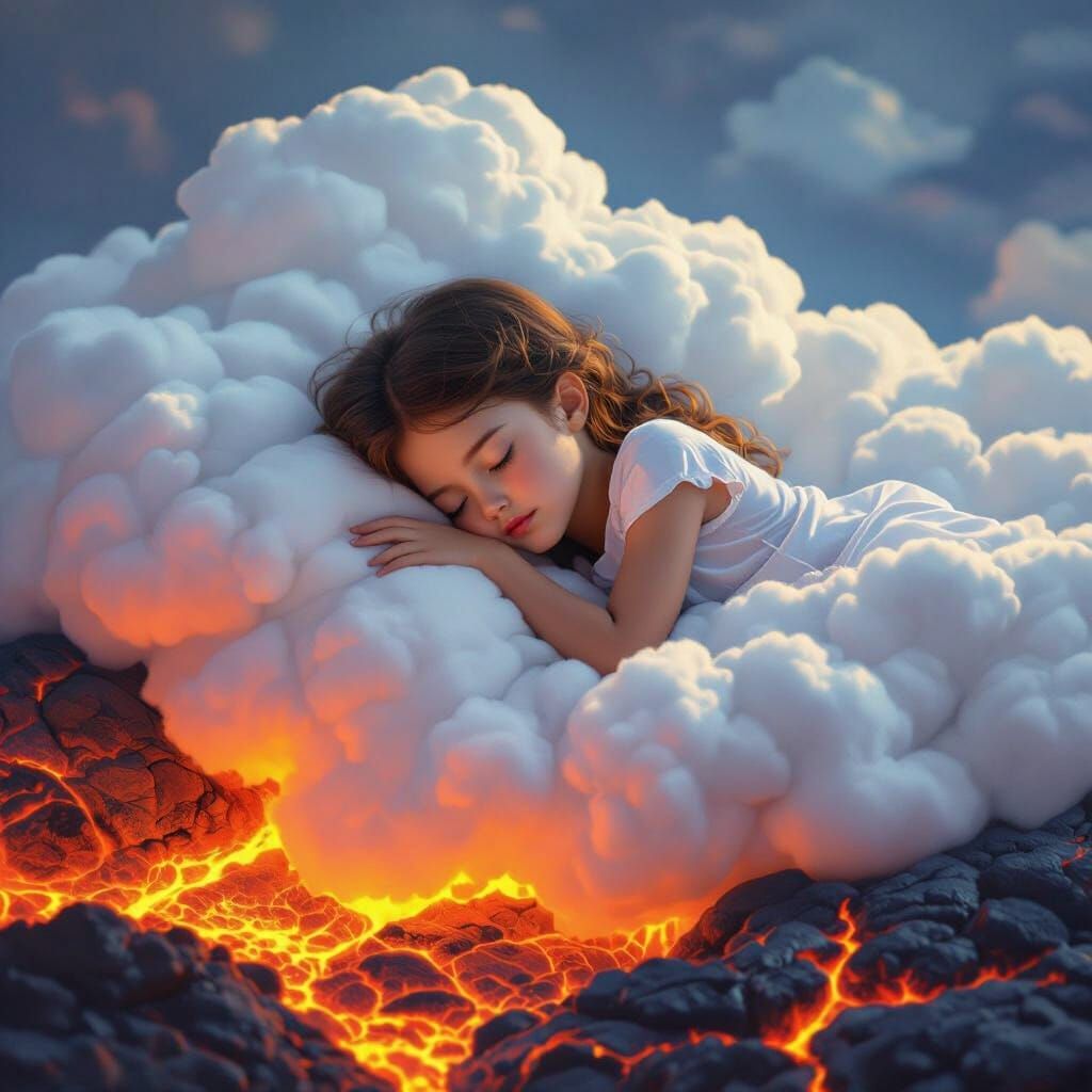 Girl Sleeps on Cloud Amidst Fiery Lava Bed