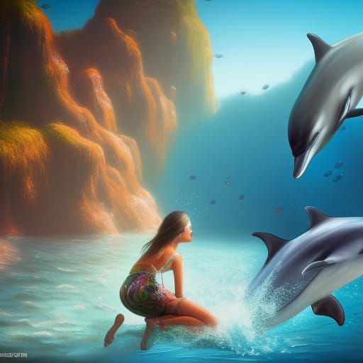 Girl Swimming with Dolphins: Detailed Fantasy Art