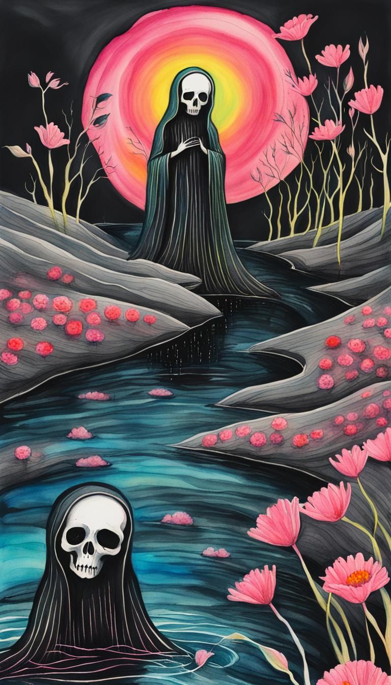 Kids Crayon drawing of the underworld ,surreal (child's drawing )of the under world, Death, the River Styx , with dead...