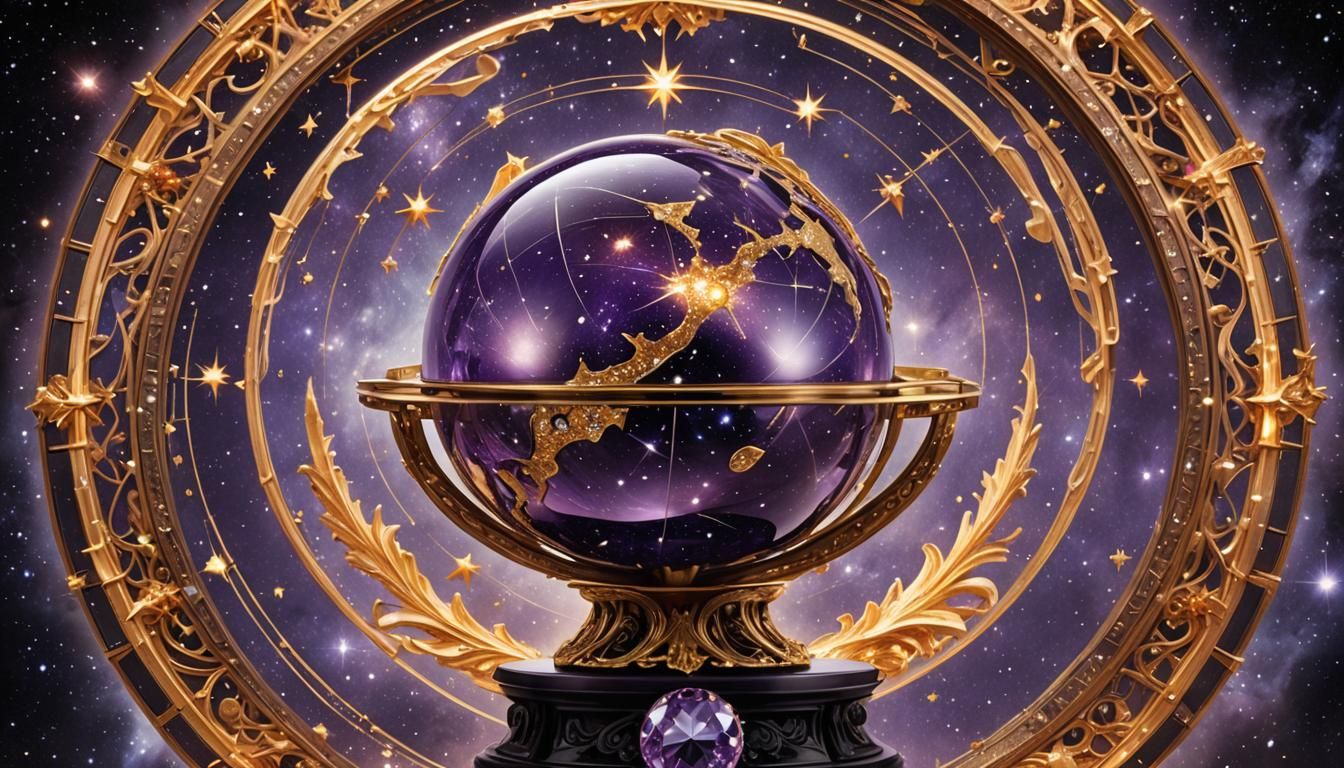 A celestial sphere, polished to a diamond-like brilliance, rests on a pedestal. Starlight explodes into a million glitte...