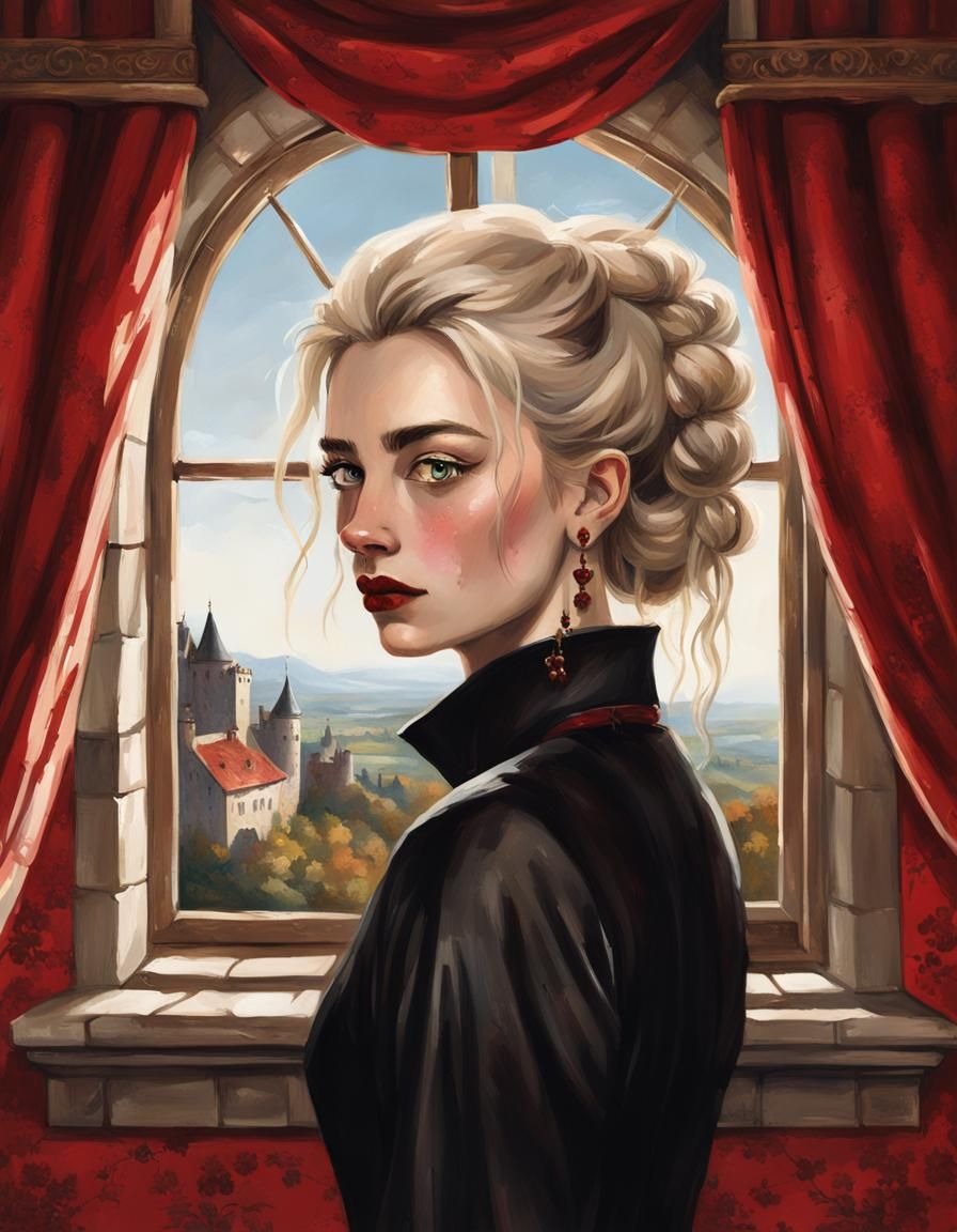 Realistic Woman with Dreadlocks in Castle Bedroom