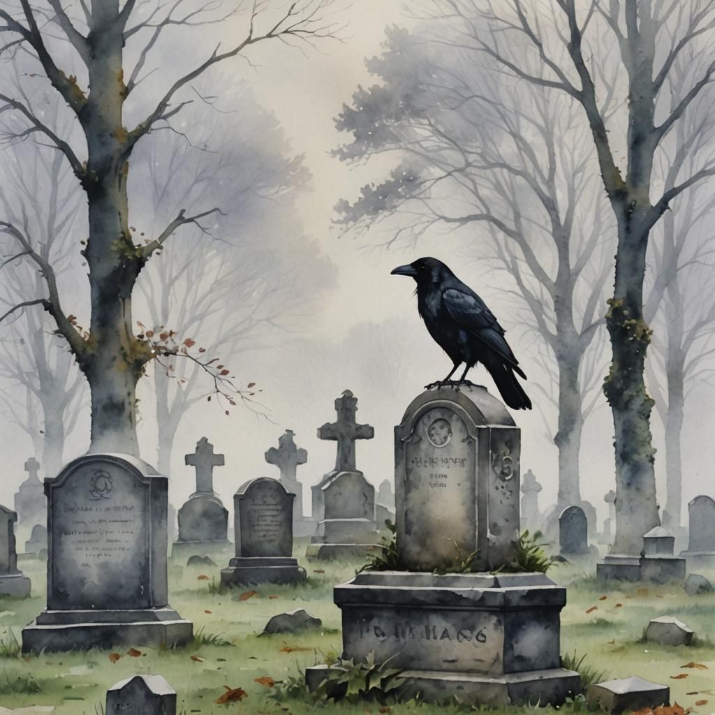 Crow on Headstone in Fog, Watercolour Style
