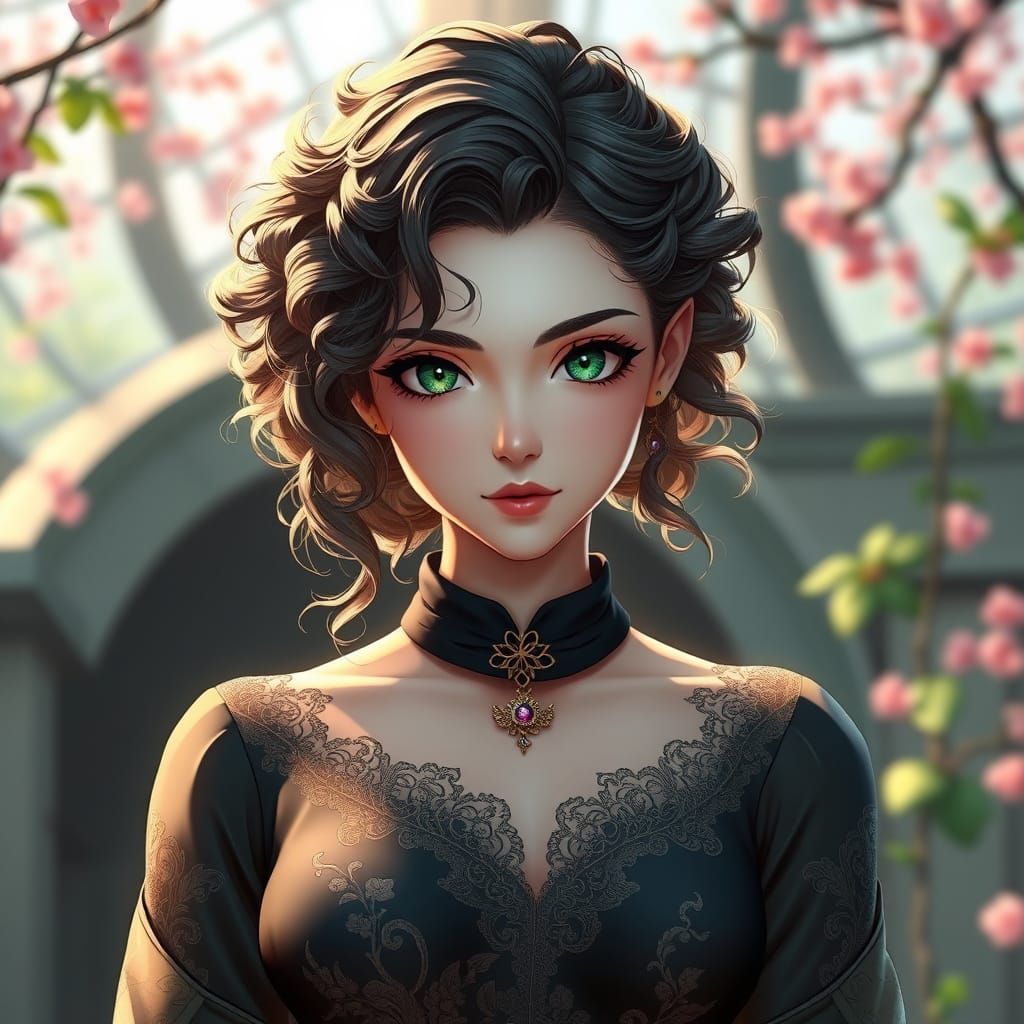 Elegant Woman with Green Eyes in 3D Anime Style
