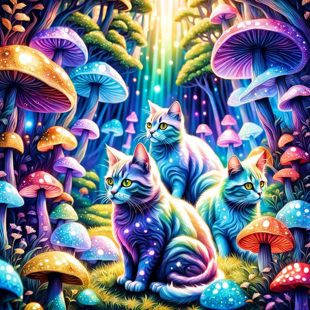 Rainbow Glitter Cats in a Crystal Mushroom Maze