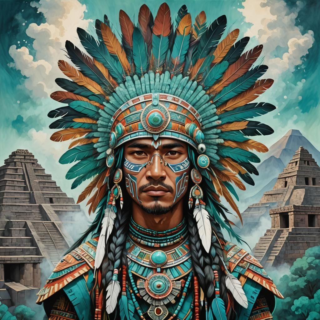 Mesoamerican Cityscape with Omeyotl Headdress in Gouache Sty...