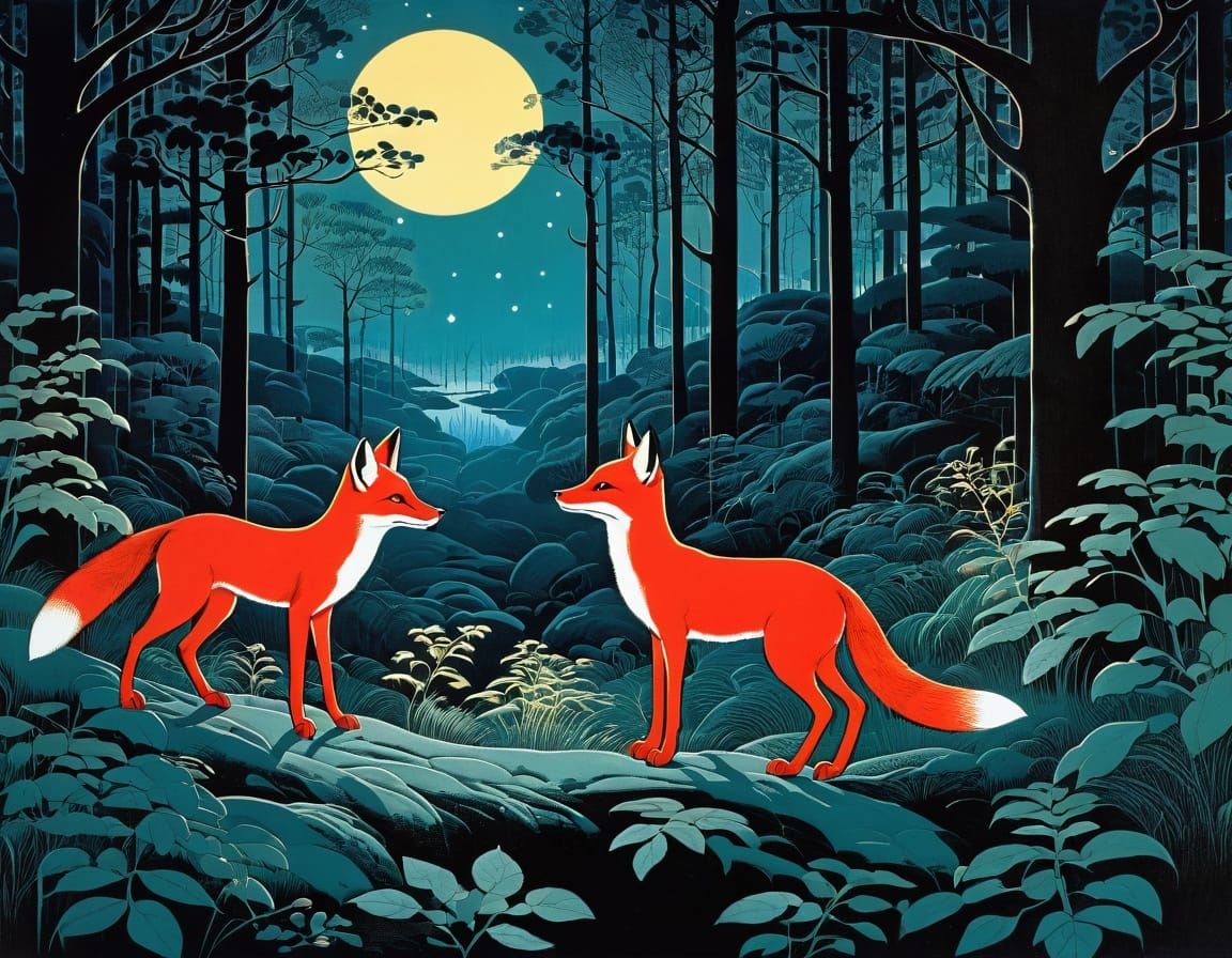 Red Foxes in Moonlit Woods, Art Nouveau Style