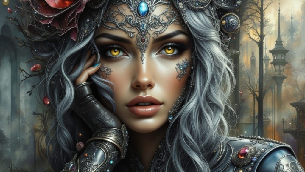 Silver-Haired Woman With Golden Wolf Eyes in Latex and Leath...