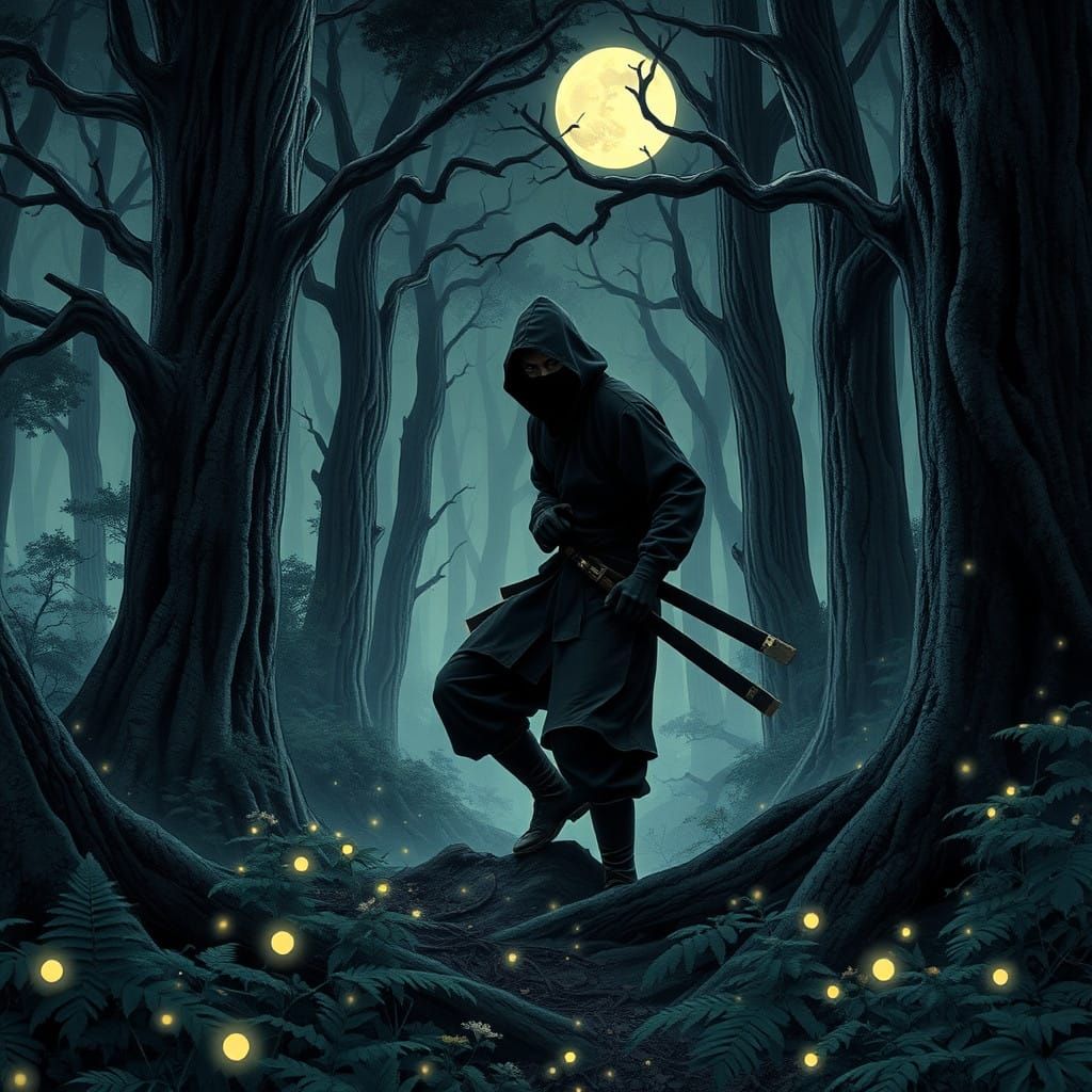 Stealthy Ninja in Moonlit Forest, Inspired by Japanese Maste...