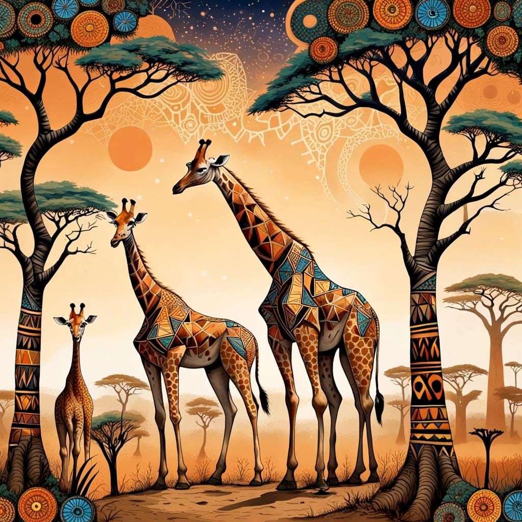African Tribal Art Giraffe with Geometric Patterns