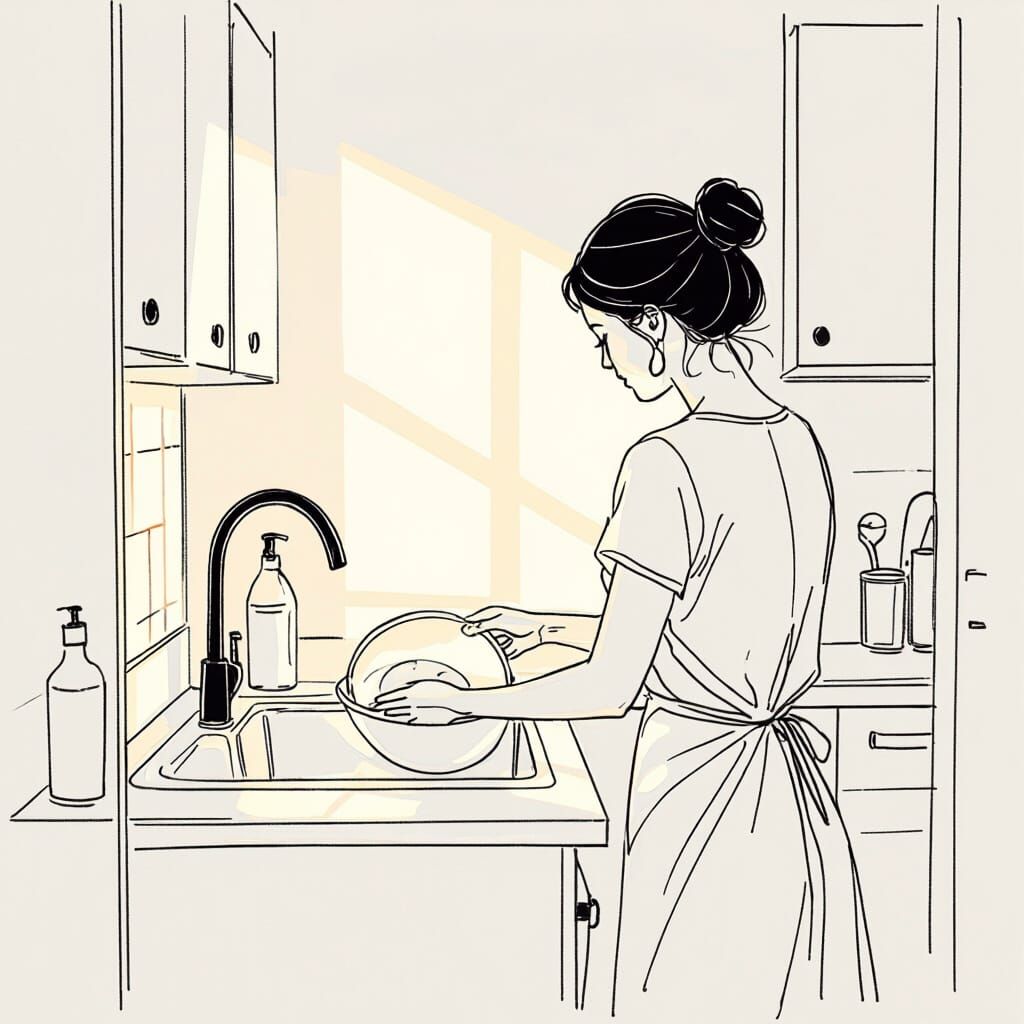 Woman Washing Dishes in Sunlit Kitchen Line Drawing