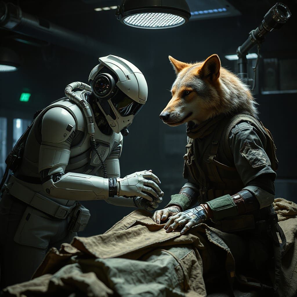Robot Medic Heals Wolf Soldier in Gritty Future