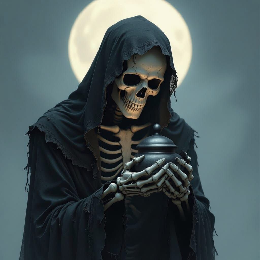 Lonely Skeleton Holding Ashes in Moonlight