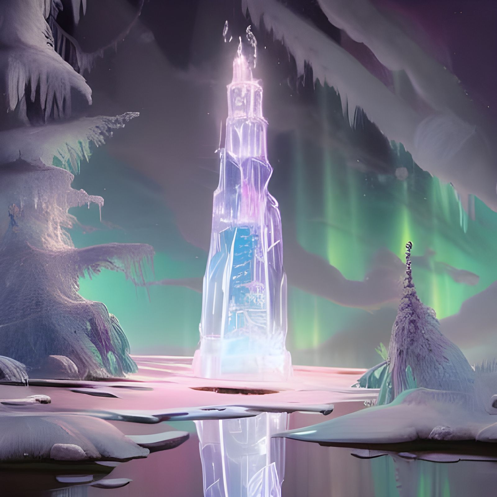 Enchanting Ice Tower Reflecting Aurora Borealis