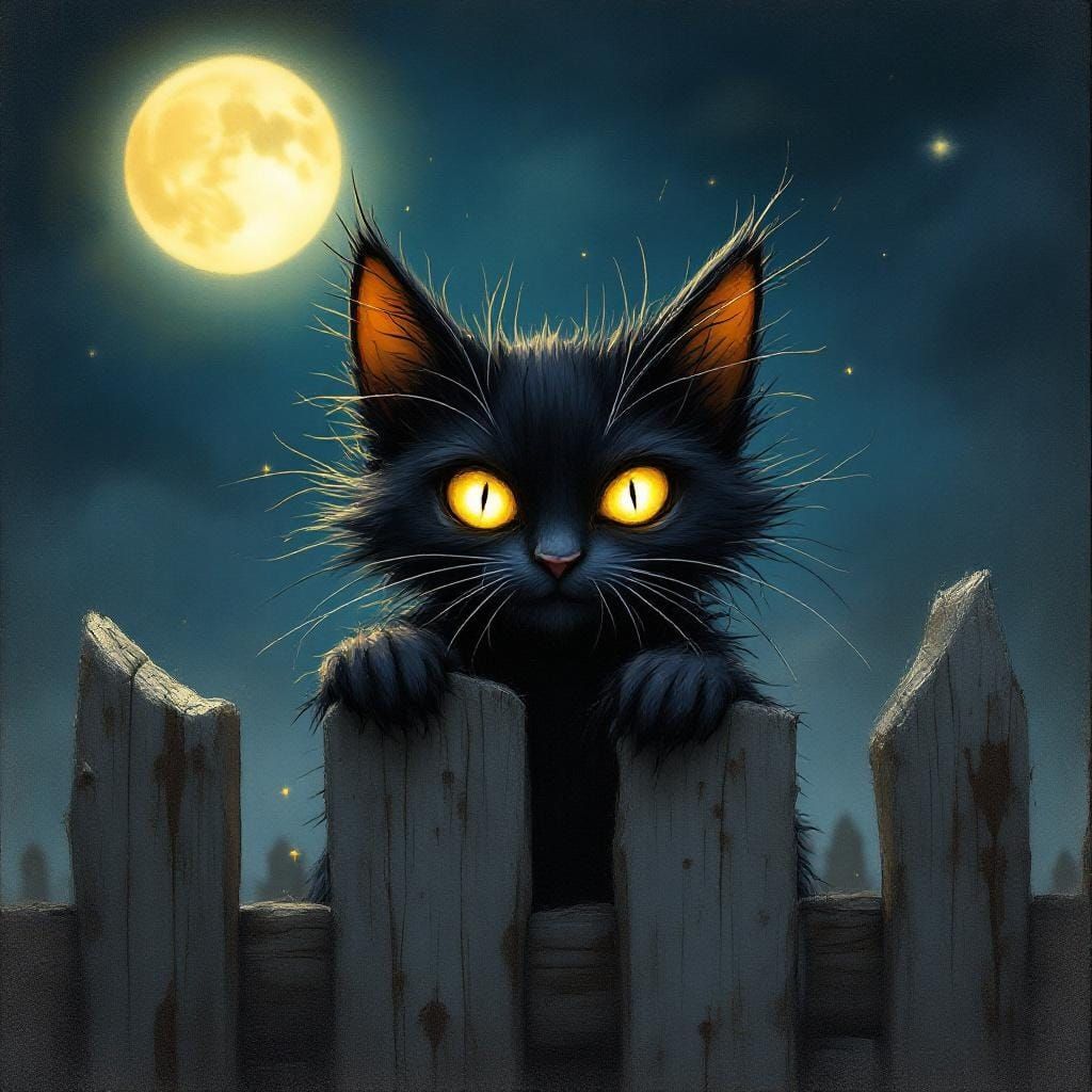 Mischievous Black Kitten with Glowing Eyes as Ink Art