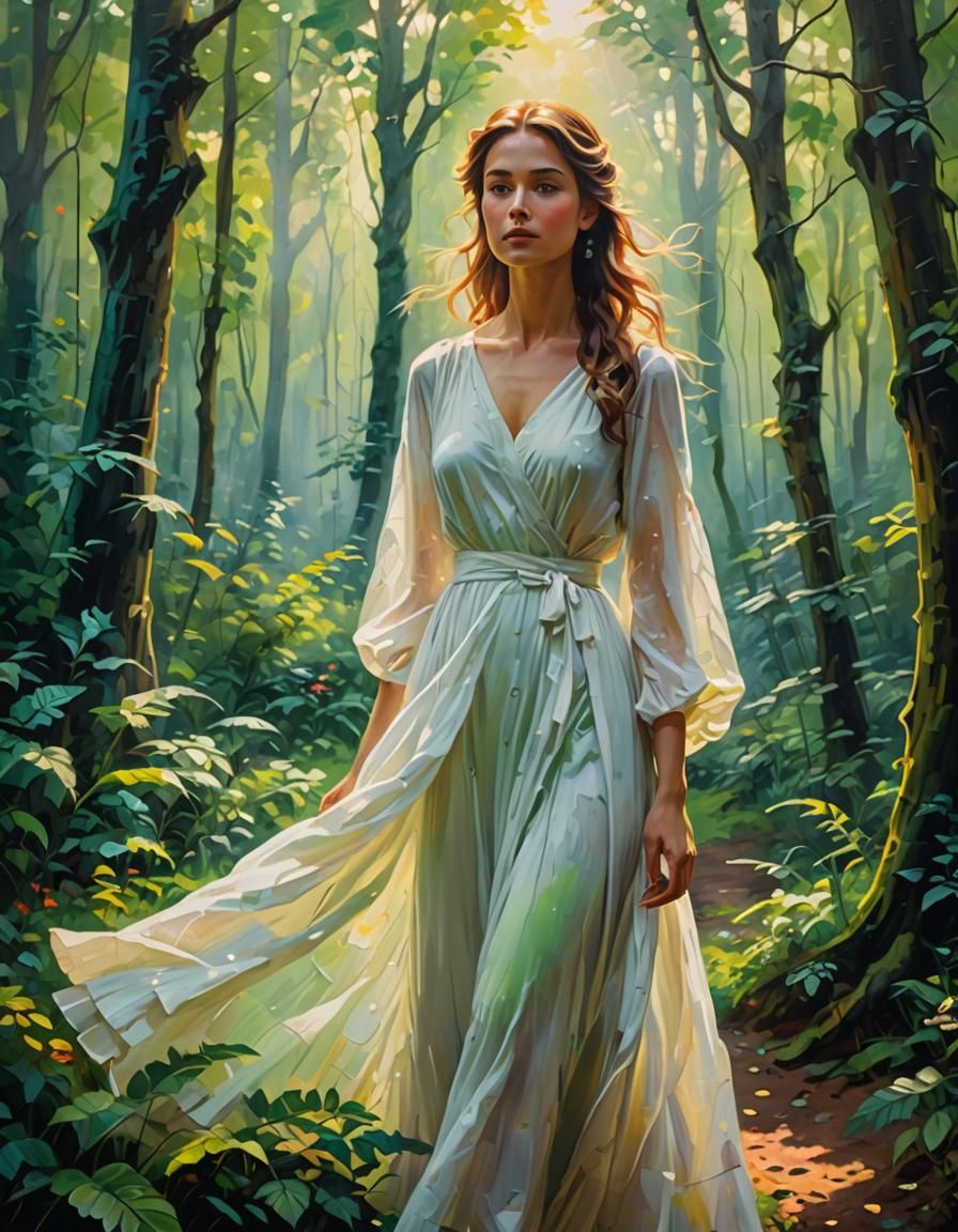 Impressionist Oil Painting: Woman in Forest with Triadic Col...